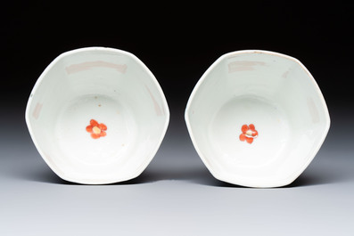 A pair of Chinese gilt-decorated powder-blue-ground 'Antiquities' cups and saucers, lingzhi mark, Kangxi