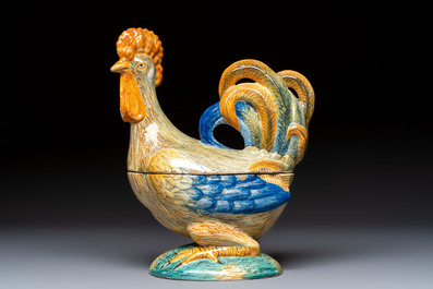 A large polychrome Italian maiolica 'Rooster' tureen and cover, 18th C.