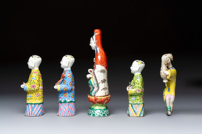 Six Chinese famille rose figures, one with a 'Lotus Throne' stand, 19th C.