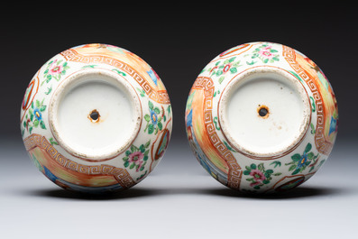 Five Chinese Canton famille rose vases with narrative design, 19th C.