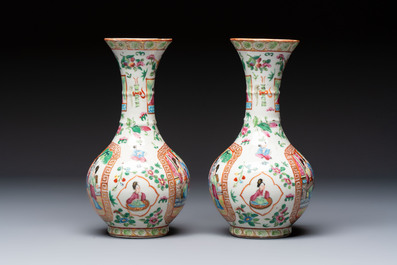 Five Chinese Canton famille rose vases with narrative design, 19th C.