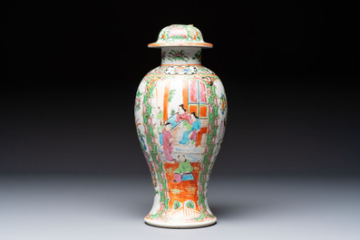 Five Chinese Canton famille rose vases with narrative design, 19th C.