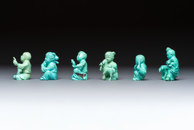 A complete set of 12 Chinese carved turquoise 'Children at Play with the Zodiac Animals' figures on wooden stands, Republic