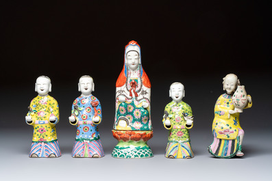 Six Chinese famille rose figures, one with a 'Lotus Throne' stand, 19th C.