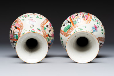 Five Chinese Canton famille rose vases with narrative design, 19th C.
