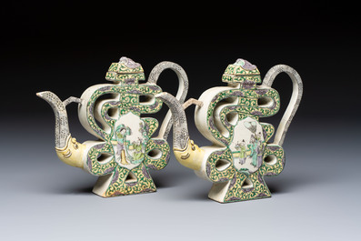 A pair of Chinese verte biscuit 'Shou' wine ewers, 19th C.