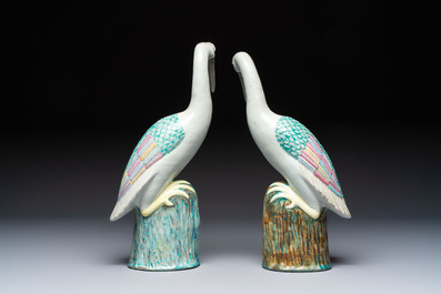 A pair of large Chinese famille rose cranes, 20th C.