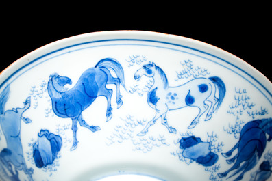 A Chinese blue and white conical 'Eight Horses of Mu Wang' bowl, Jiajing mark, Shunzhi/Kangxi