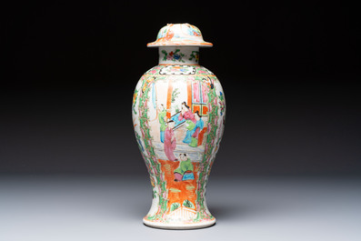 Five Chinese Canton famille rose vases with narrative design, 19th C.