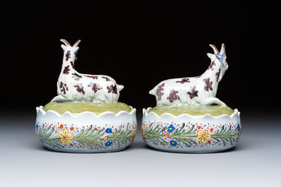 A pair of rare polychrome Dutch Delft 'Goat' tureens and covers, 18th C.