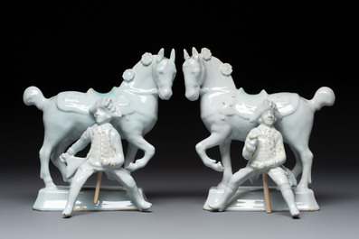 A pair of fine white Dutch Delft 'Riders on Horseback' groups, 18th C.
