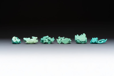 A complete set of 12 Chinese carved turquoise 'Children at Play with the Zodiac Animals' figures on wooden stands, Republic