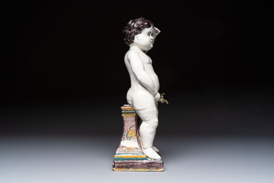 A rare large polychrome Brussels faience 'Manneken Pis' fountain with pewter tap, 18th C.