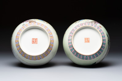 A pair of Chinese famille rose bottle vases, Qianlong mark, 20th C.