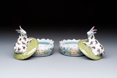 A pair of rare polychrome Dutch Delft 'Goat' tureens and covers, 18th C.