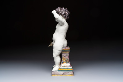 A rare large polychrome Brussels faience 'Manneken Pis' fountain with pewter tap, 18th C.