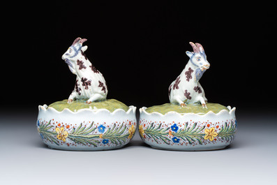 A pair of rare polychrome Dutch Delft 'Goat' tureens and covers, 18th C.