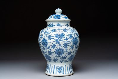 A Chinese blue and white 'Lotus Scroll' vase and cover, Ming