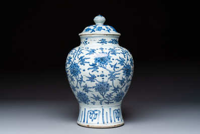 A Chinese blue and white 'Lotus Scroll' vase and cover, Ming