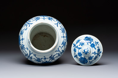 A Chinese blue and white 'Lotus Scroll' vase and cover, Ming