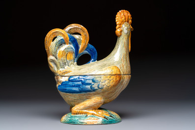 A large polychrome Italian maiolica 'Rooster' tureen and cover, 18th C.