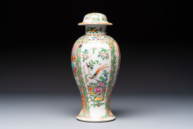 Five Chinese Canton famille rose vases with narrative design, 19th C.