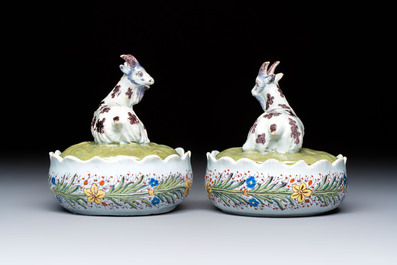 A pair of rare polychrome Dutch Delft 'Goat' tureens and covers, 18th C.
