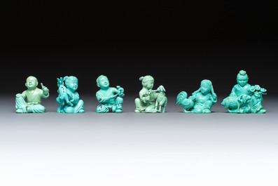 A complete set of 12 Chinese carved turquoise 'Children at Play with the Zodiac Animals' figures on wooden stands, Republic