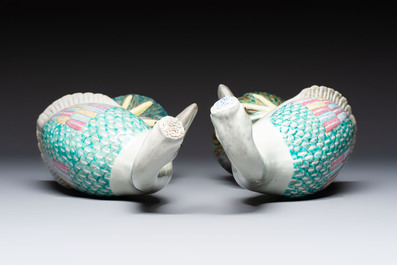 A pair of large Chinese famille rose cranes, 20th C.