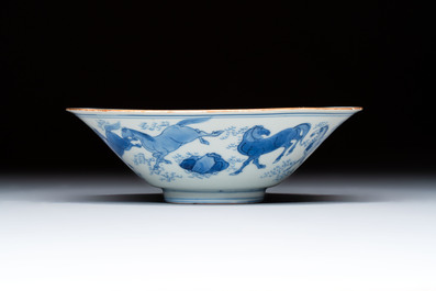 A Chinese blue and white conical 'Eight Horses of Mu Wang' bowl, Jiajing mark, Shunzhi/Kangxi