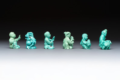 A complete set of 12 Chinese carved turquoise 'Children at Play with the Zodiac Animals' figures on wooden stands, Republic