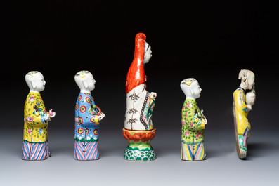 Six Chinese famille rose figures, one with a 'Lotus Throne' stand, 19th C.