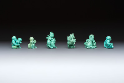A complete set of 12 Chinese carved turquoise 'Children at Play with the Zodiac Animals' figures on wooden stands, Republic