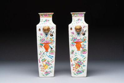 Five Chinese Canton famille rose vases with narrative design, 19th C.