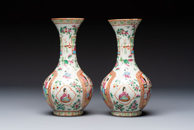 Five Chinese Canton famille rose vases with narrative design, 19th C.