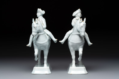 A pair of fine white Dutch Delft 'Riders on Horseback' groups, 18th C.
