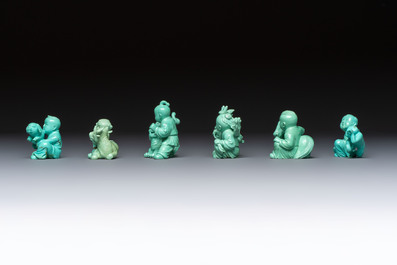 A complete set of 12 Chinese carved turquoise 'Children at Play with the Zodiac Animals' figures on wooden stands, Republic