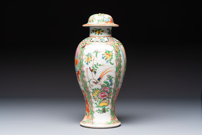 Five Chinese Canton famille rose vases with narrative design, 19th C.