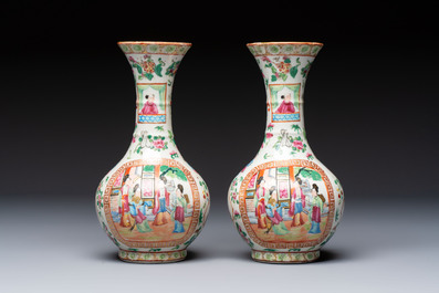 Five Chinese Canton famille rose vases with narrative design, 19th C.