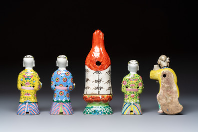 Six Chinese famille rose figures, one with a 'Lotus Throne' stand, 19th C.