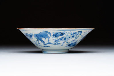 A Chinese blue and white conical 'Eight Horses of Mu Wang' bowl, Jiajing mark, Shunzhi/Kangxi