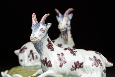 A pair of rare polychrome Dutch Delft 'Goat' tureens and covers, 18th C.