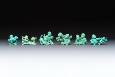 A complete set of 12 Chinese carved turquoise 'Children at Play with the Zodiac Animals' figures on wooden stands, Republic