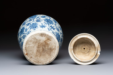 A Chinese blue and white 'Lotus Scroll' vase and cover, Ming