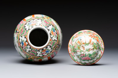 Five Chinese Canton famille rose vases with narrative design, 19th C.