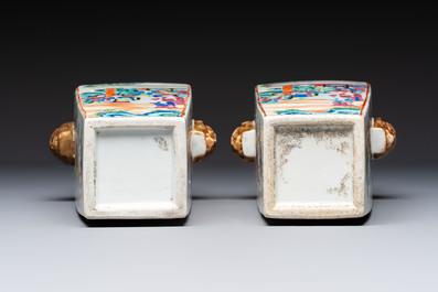 Five Chinese Canton famille rose vases with narrative design, 19th C.
