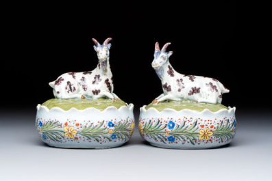 A pair of rare polychrome Dutch Delft 'Goat' tureens and covers, 18th C.