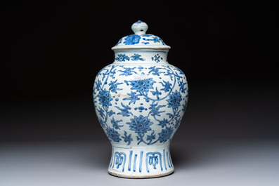 A Chinese blue and white 'Lotus Scroll' vase and cover, Ming