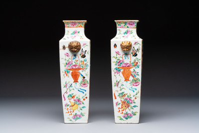 Five Chinese Canton famille rose vases with narrative design, 19th C.