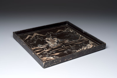 A rare large square Chinese laque burgaut&eacute; tray depicting a mountainous garden, Kangxi